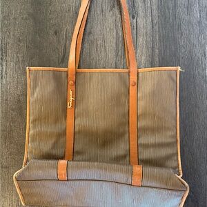 Salvatore Ferragamo Brown Canvas Tote with Tan Leather Trim